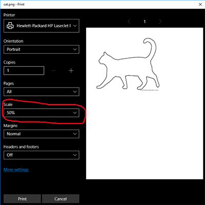 Microsoft Edge - How to scale a pattern or an image when printing.  (CLICK TO ENLARGE)