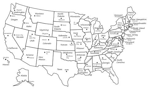 6. USA Map (with State and Capitals), free, printable, us, usa, united states, map, pattern, stencil, template, vector, outline, svg, print, download, clipart, design, svg, coloring page.