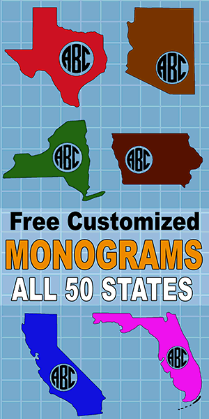 Free state monogram maker generate customize 1, 2, or 3 initials svg patterns all 50 United States (US) states.