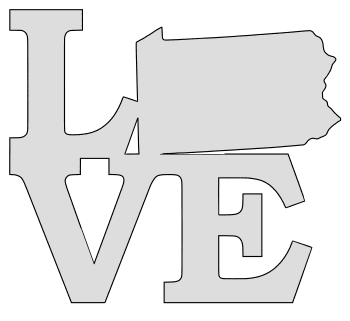 Pennsylvania map love state stencil clip art scroll saw pattern printable downloadable free template, laser cutting, vector graphic.