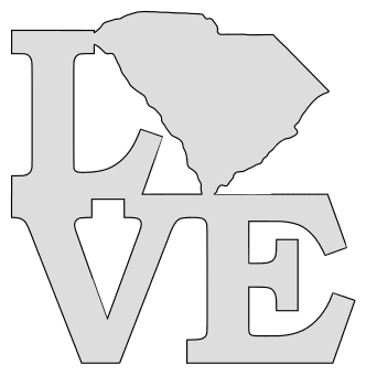 South Carolina map love state stencil clip art scroll saw pattern printable downloadable free template, laser cutting, vector graphic.