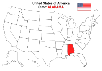 Free, printable, outline map of the United States with Alabama highlighted in red to show its location, America, USA, print, download, pdf.