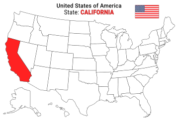 Free, printable, outline map of the United States with California highlighted in red to show its location, America, USA, print, download, pdf.