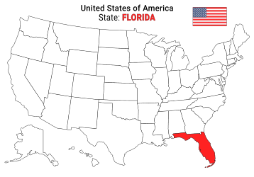 Free, printable, outline map of the United States with Florida highlighted in red to show its location, America, USA, print, download, pdf.