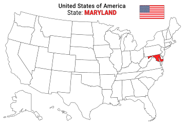 Free, printable, outline map of the United States with Maryland highlighted in red to show its location, America, USA, print, download, pdf.
