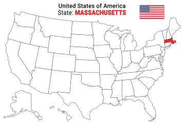 Free, printable, outline map of the United States with Massachusetts highlighted in red to show its location, America, USA, print, download, pdf.