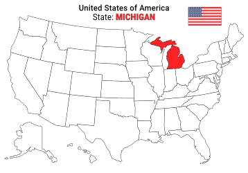 Free, printable, outline map of the United States with Michigan highlighted in red to show its location, America, USA, print, download, pdf.