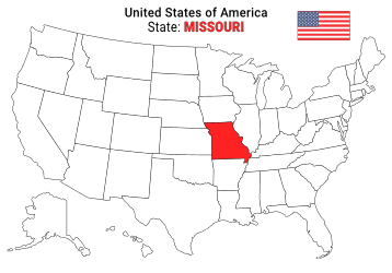 Free, printable, outline map of the United States with Missouri highlighted in red to show its location, America, USA, print, download, pdf.