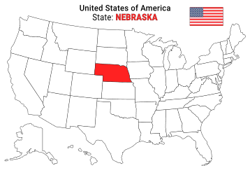 Free, printable, outline map of the United States with Nebraska highlighted in red to show its location, America, USA, print, download, pdf.