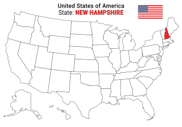 Free, printable, outline map of the United States with New Hampshire highlighted in red to show its location, America, USA, print, download, pdf.