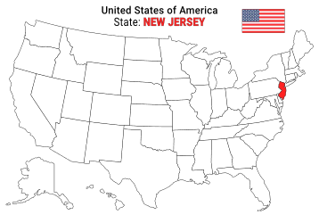 Free, printable, outline map of the United States with New Jersey highlighted in red to show its location, America, USA, print, download, pdf.