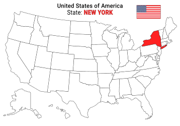 Free, printable, outline map of the United States with New York highlighted in red to show its location, America, USA, print, download, pdf.