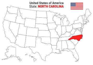Free, printable, outline map of the United States with North Carolina highlighted in red to show its location, America, USA, print, download, pdf.