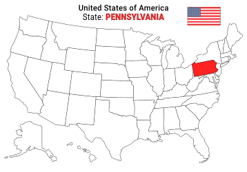 Free, printable, outline map of the United States with Pennsylvania highlighted in red to show its location, America, USA, print, download, pdf.