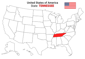 Free, printable, outline map of the United States with Tennessee highlighted in red to show its location, America, USA, print, download, pdf.