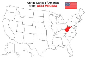 Free, printable, outline map of the United States with West Virginia highlighted in red to show its location, America, USA, print, download, pdf.
