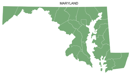 Free printable Maryland map with county lines, state, outline, printable, shape, template, download.