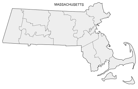 Free printable Massachusetts map with county lines, state, outline, printable, shape, template, download.