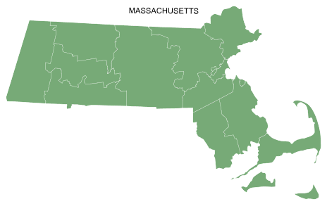 Free printable Massachusetts map with county lines, state, outline, printable, shape, template, download.