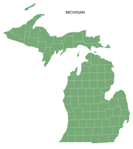 Free printable Michigan map with county lines, state, outline, printable, shape, template, download.