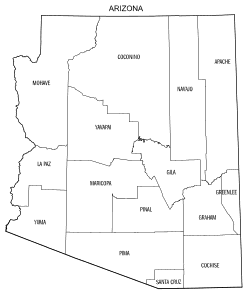 Free printable Arizona map with county lines, state, outline, printable, shape, template, download.