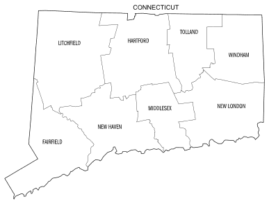 Free printable Connecticut map with county lines, state, outline, printable, shape, template, download.
