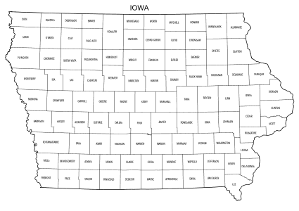 Free printable Iowa map with county lines, state, outline, printable, shape, template, download.