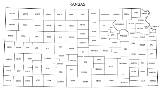 Free printable Kansas map with county lines, state, outline, printable, shape, template, download.