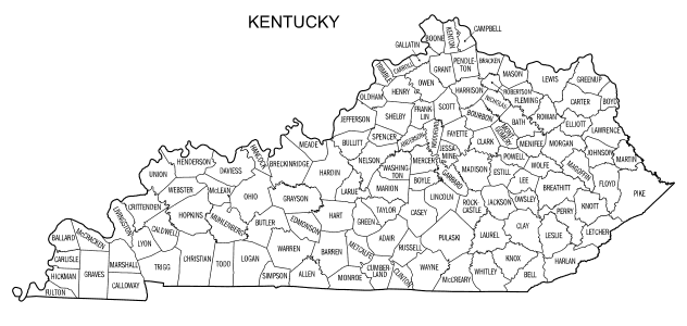 Free printable Kentucky map with county lines, state, outline, printable, shape, template, download.