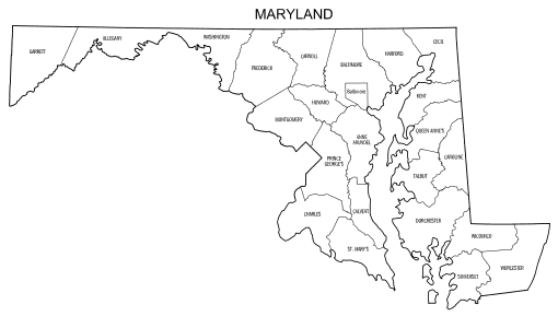Free printable Maryland map with county lines, state, outline, printable, shape, template, download.