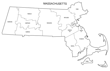 Free printable Massachusetts map with county lines, state, outline, printable, shape, template, download.
