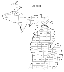 Free printable Michigan map with county lines, state, outline, printable, shape, template, download.