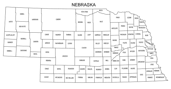 Free printable Nebraska map with county lines, state, outline, printable, shape, template, download.