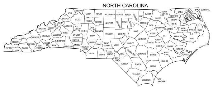 Free printable North Carolina map with county lines, state, outline, printable, shape, template, download.