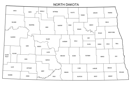 Free printable North Dakota map with county lines, state, outline, printable, shape, template, download.