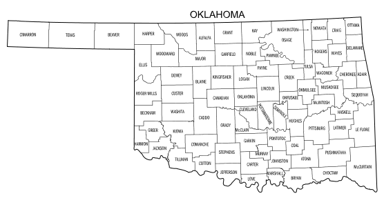 Free printable Oklahoma map with county lines, state, outline, printable, shape, template, download.