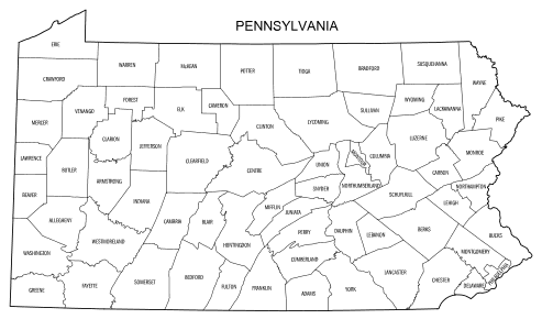 Free printable Pennsylvania map with county lines, state, outline, printable, shape, template, download.