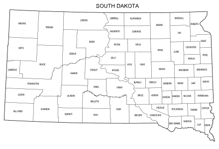 Free printable South Dakota map with county lines, state, outline, printable, shape, template, download.