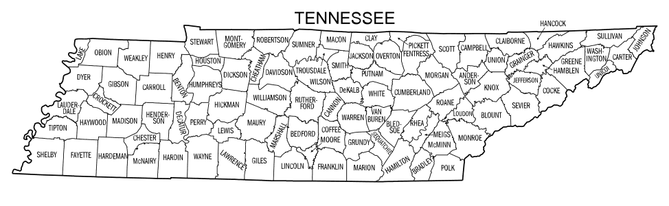 Free printable Tennessee map with county lines, state, outline, printable, shape, template, download.