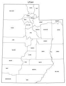 Free printable Utah map with county lines, state, outline, printable, shape, template, download.
