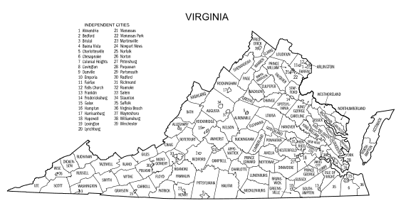 Free printable Virginia map with county lines, state, outline, printable, shape, template, download.