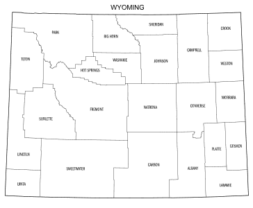 Free printable Wyoming map with county lines, state, outline, printable, shape, template, download.