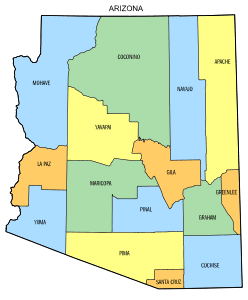Free Arizona county map, state, printable, outline, county lines, shape, template, download.