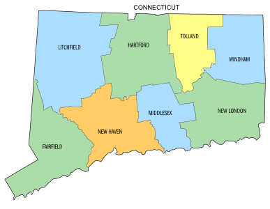 Free Connecticut county map, state, printable, outline, county lines, shape, template, download.