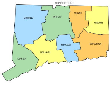 Free Connecticut county map, state, printable, outline, county lines, shape, template, download.