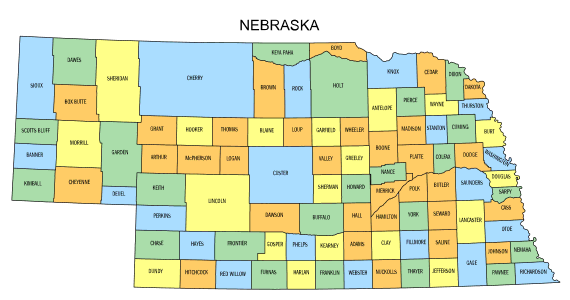 Free Nebraska county map, state, printable, outline, county lines, shape, template, download.
