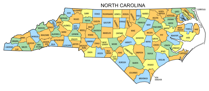 Free North Carolina county map, state, printable, outline, county lines, shape, template, download.