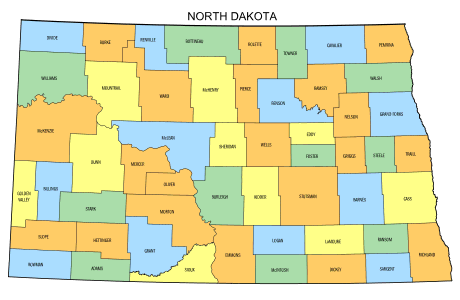 Free North Dakota county map, state, printable, outline, county lines, shape, template, download.