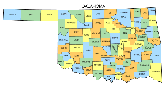 Free Oklahoma county map, state, printable, outline, county lines, shape, template, download.