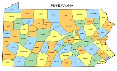 Free Pennsylvania county map, state, printable, outline, county lines, shape, template, download.